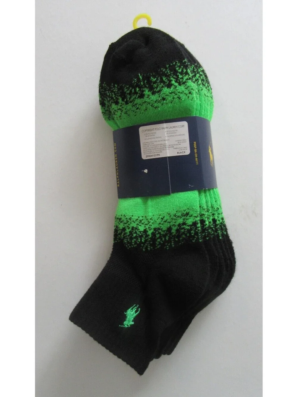 Polo Ralph Lauren Mens Quarter Crew Athletic Socks Black and Neon Green 4 pack